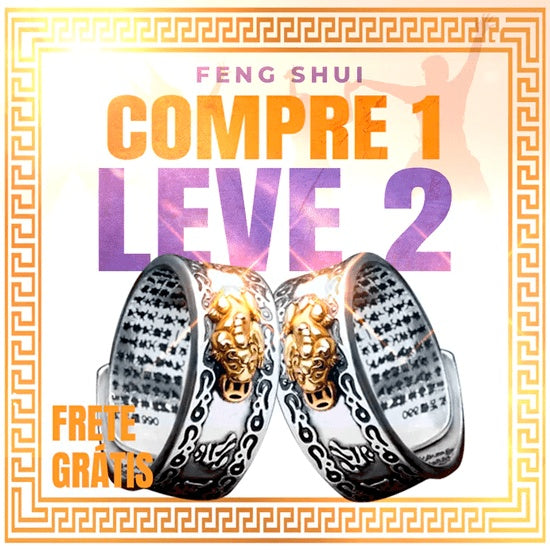 Promoção de anel Feng Shui clássico de prata com detalhes dourados, oferta Compre 1 Leve 2 com frete grátis e brinde exclusivo no Pelicano Azul