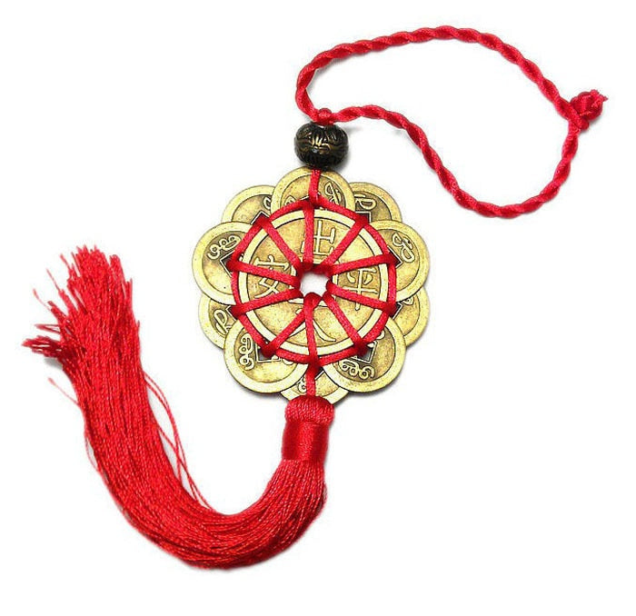 Pingente Imperador Feng Shui com moedas chinesas e cordão vermelho, amuleto para prosperidade e sorte - Pelicano Azul