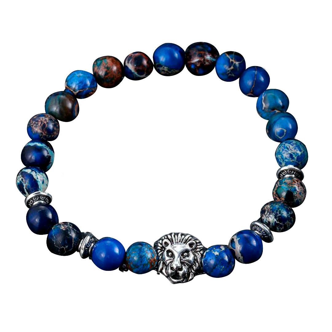 Pulseira de pedras naturais em tons de azul com um elegante detalhe de leopardo prateado ao centro, trazendo um estilo poderoso e energético, Pelicano Azul.