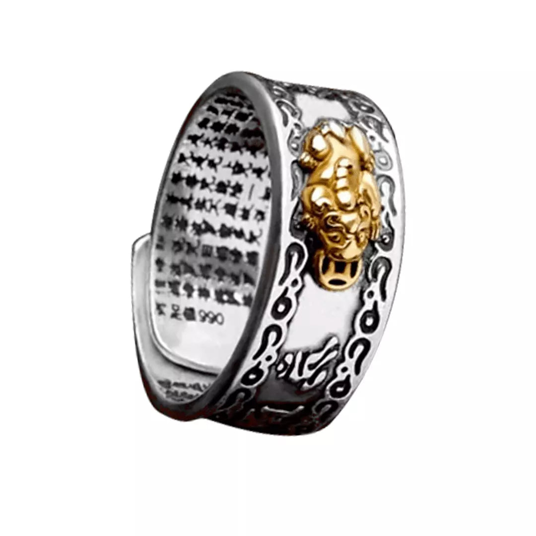 Anel Feng Shui Clássico com design em prata 990 e detalhes dourados de Pixiu, símbolo de proteção e prosperidade. Gravações internas de mantras para atrair sorte e boas energias. Promoção Compre 1 Leve 2 com brinde exclusivo. Pelicano Azul.