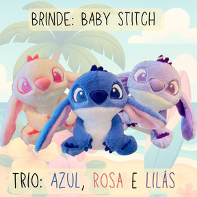 Trio de chaveiros de pelúcia Baby Stitch nas cores azul, rosa e lilás, com orelhas grandes e fofas.