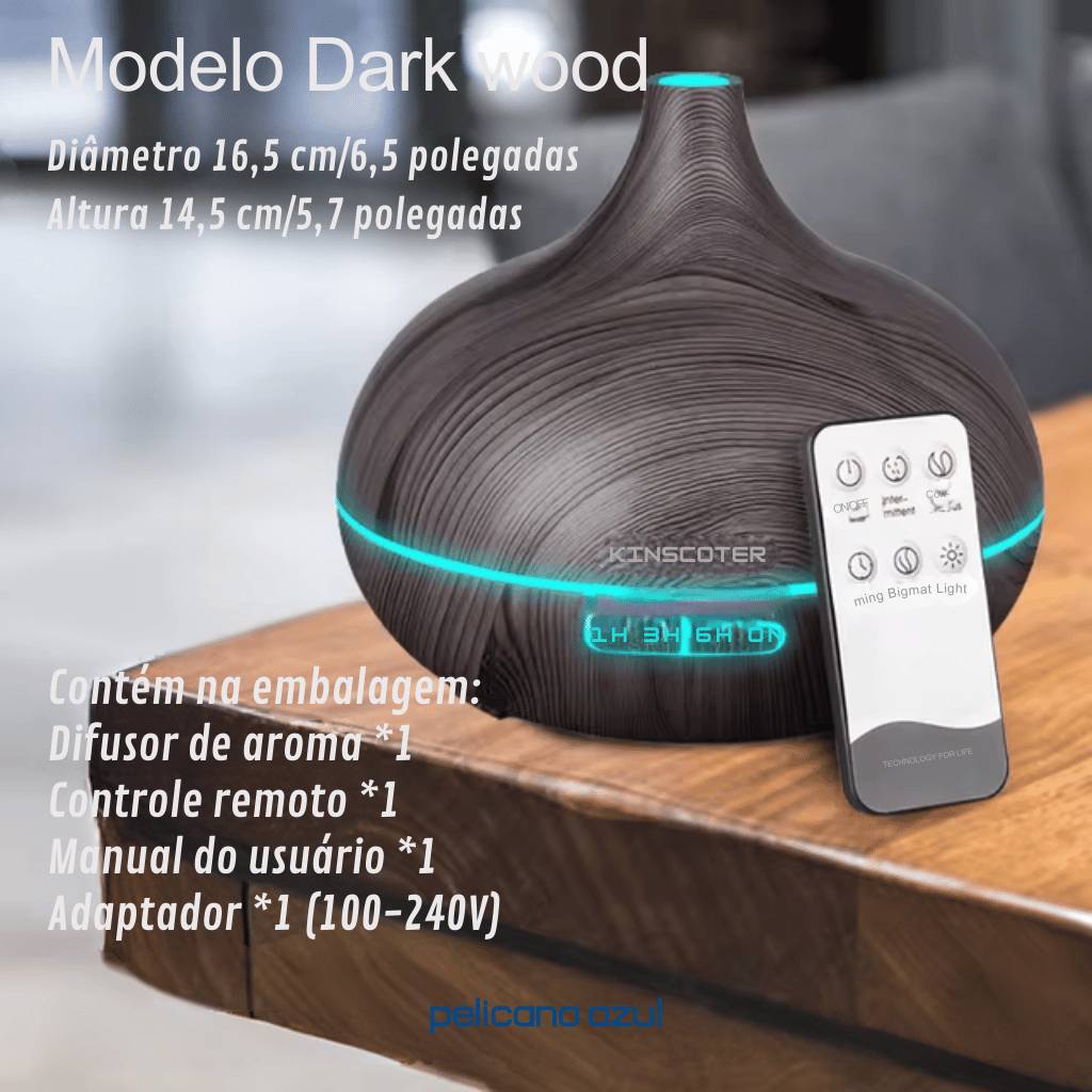 Difusor ultra-silencioso Beyond Calm modelo Dark Wood com controle remoto e luzes LED. Inclui temporizador ajustável e contém difusor de aroma, controle remoto, manual do usuário e adaptador. Ideal para aromaterapia e relaxamento. Pelicano Azul.