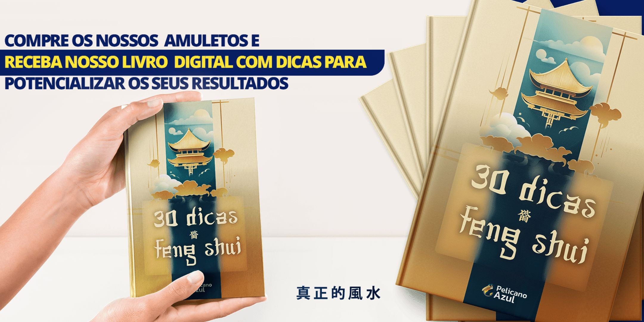 Imagem promocional do eBook "30 dicas de Feng Shui" sendo segurado por uma mão, destacando a oferta de amuletos e livro digital 2