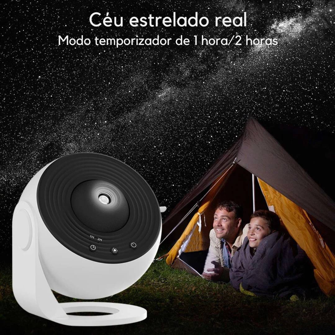 Projetor de Galáxia com temporizador de 1 e 2 horas, simulando céu estrelado real para ambiente aconchegante.