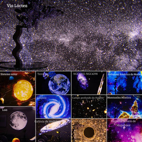 Projeções do Projetor de Galáxia, exibindo imagens como Via Láctea, Sistema Solar, Terra, Nebulosa e Galáxia de Andrômeda.