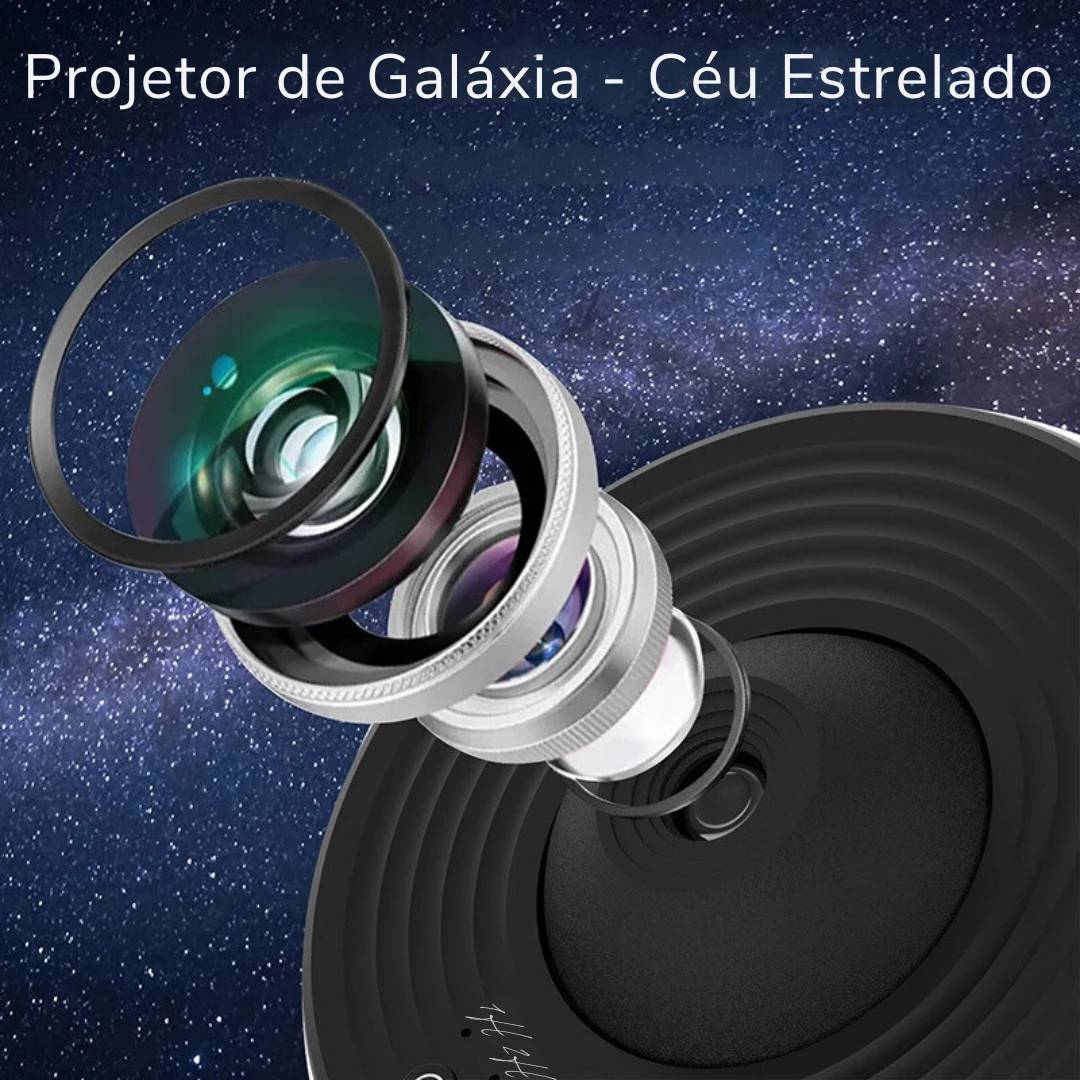 Detalhe da lente do Projetor de Galáxia, destacando a tecnologia óptica para projeção nítida de imagens do espaço.