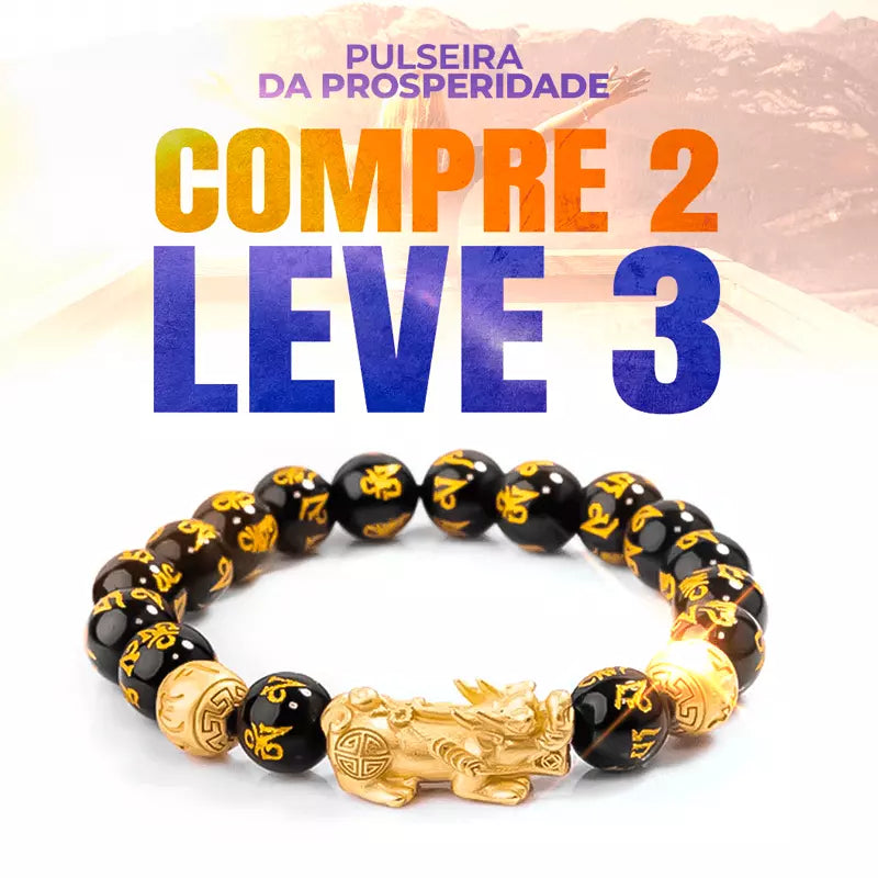 Pulseira da prosperidade Feng Shui com contas de obsidiana negra e charm dourado do Pixiu, simbolizando proteção, sorte e riqueza - Pelicano Azul