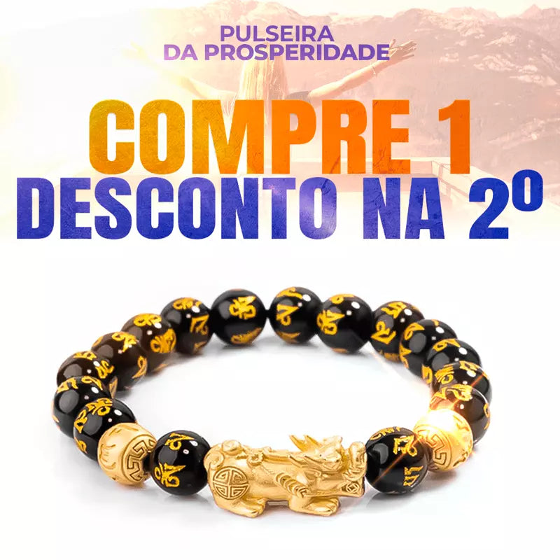 Pulseira da prosperidade Feng Shui com obsidiana negra e gravações douradas, charm Pixiu, simbolizando proteção, sorte e riqueza - Pelicano Azul