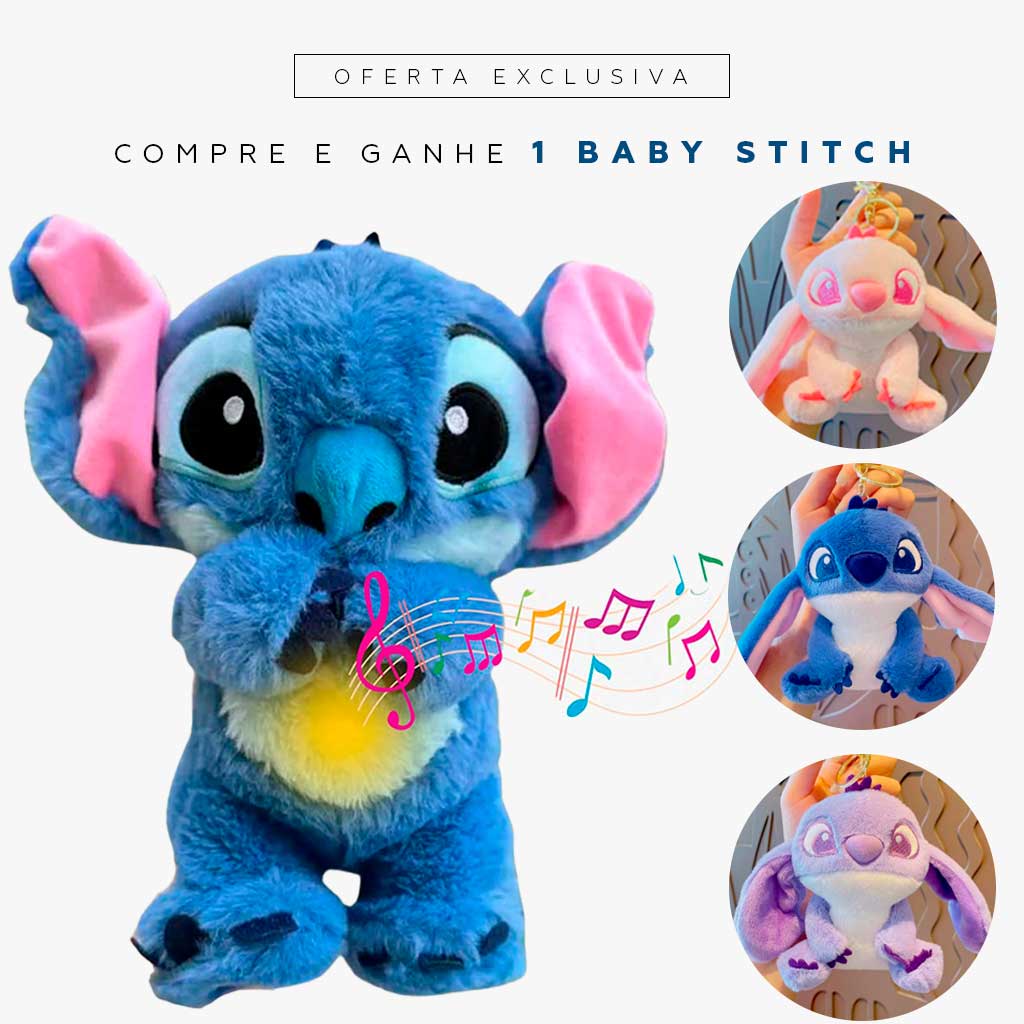 Pelúcia azul do Stitch com barriga amarela e efeito musical colorido saindo das mãos.