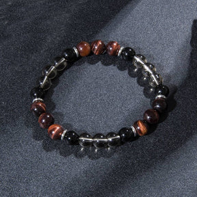  Japamala com 108 contas e Pulseira Budista em Ônix Negro, Olho de Tigre Vermelho e Quartzo Fumê, exibindo elegância e estilo com pedras naturais Pelicano Azul